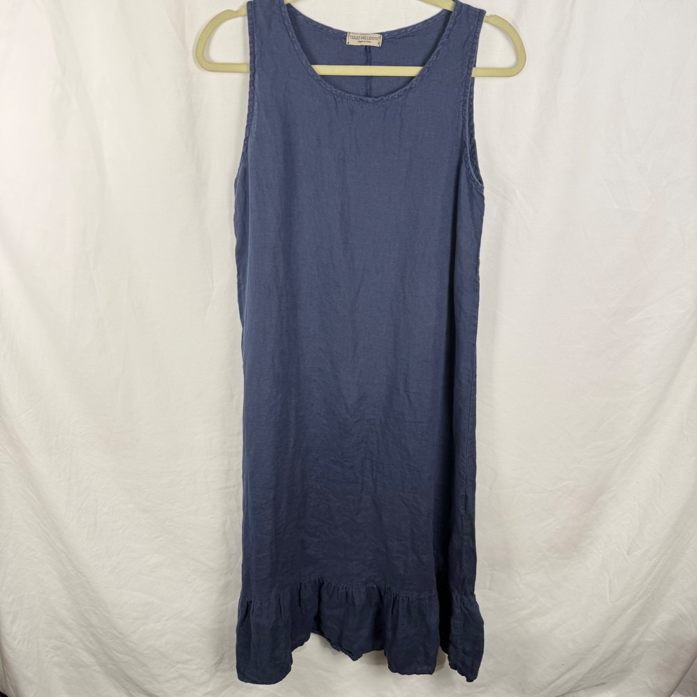 Terzo Millennio Navy Blue Linen Midi Tank Dress Small Tiered Ruffle Minimalist